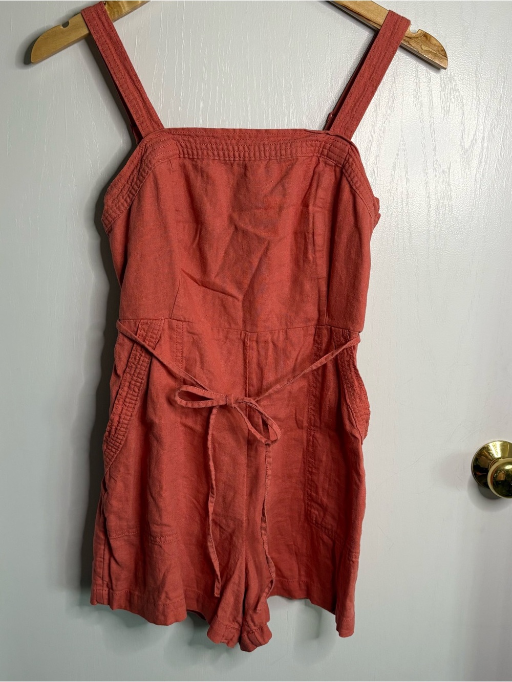 Petite S Rust Linen Blend Romper with Pockets Smocked Back Summer Retro Style
